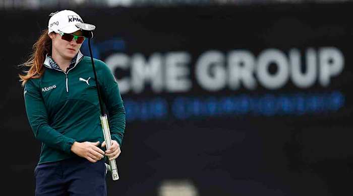 Leona Maguire of Ireland reacts to a putt during the final round of the 2022 CME Group Tour Championship at Tiburon Golf Club in Naples, Florida.